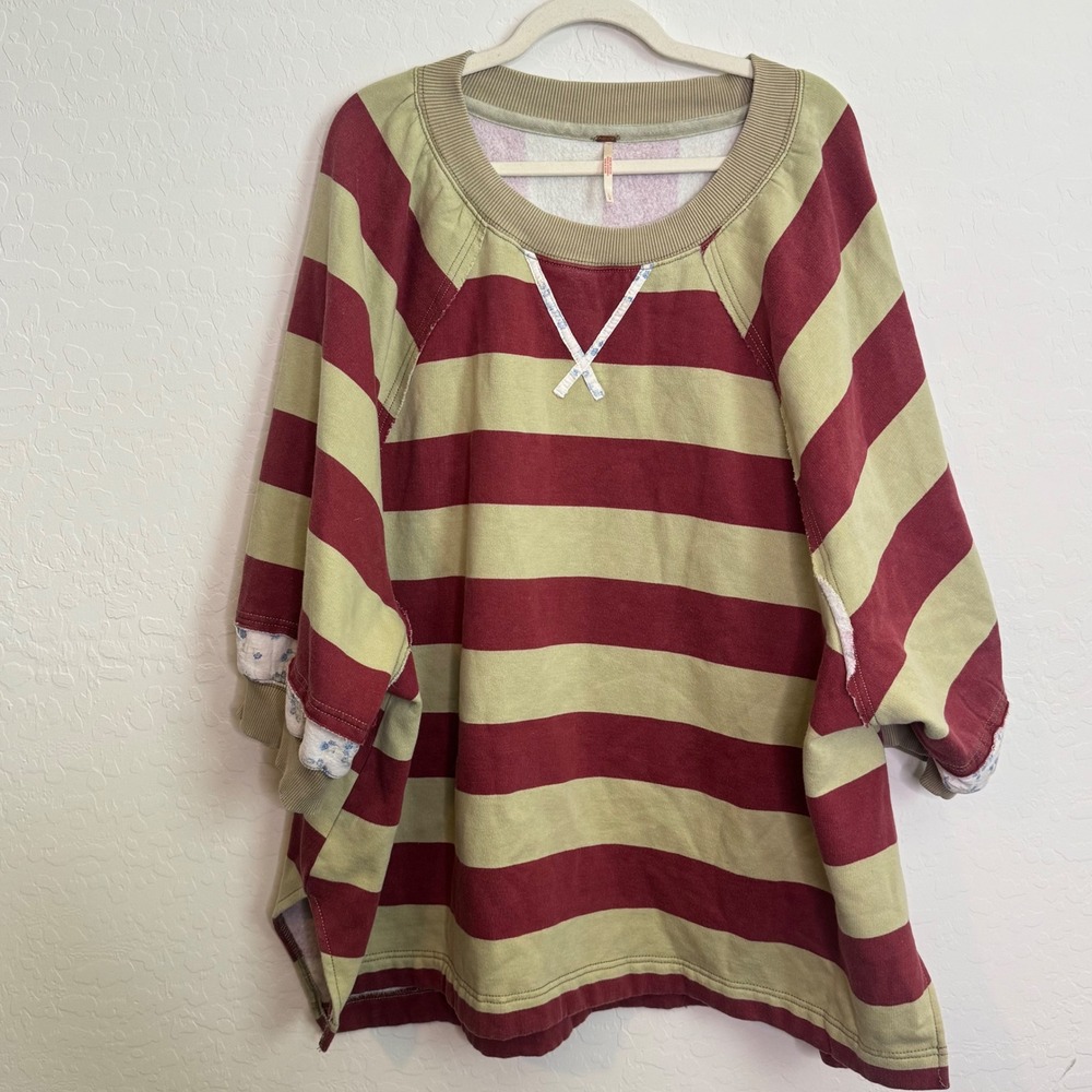 Free People Womens Out Here Sweatshirt L Boho Ruffle Striped Oversized Beach